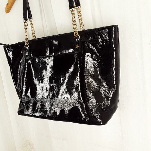 MICHAEL KORS Patent Leather + Chain Tote Bag, Shoulder Purse Handbag,shiny black - Picture 2 of 16